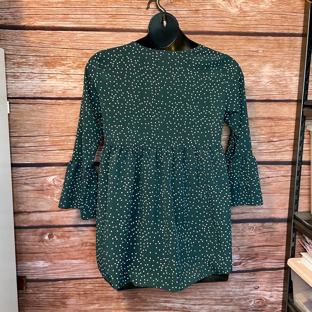 Blouse M Shein High Low Forest Green White Polka Dots Bell Sleeve Shirt - Picture 3 of 9